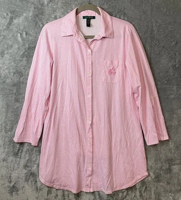 Lauren Ralph Lauren Nightgown Large Soft Pink Striped Long Sleeve Button Up - Image 1 of 4