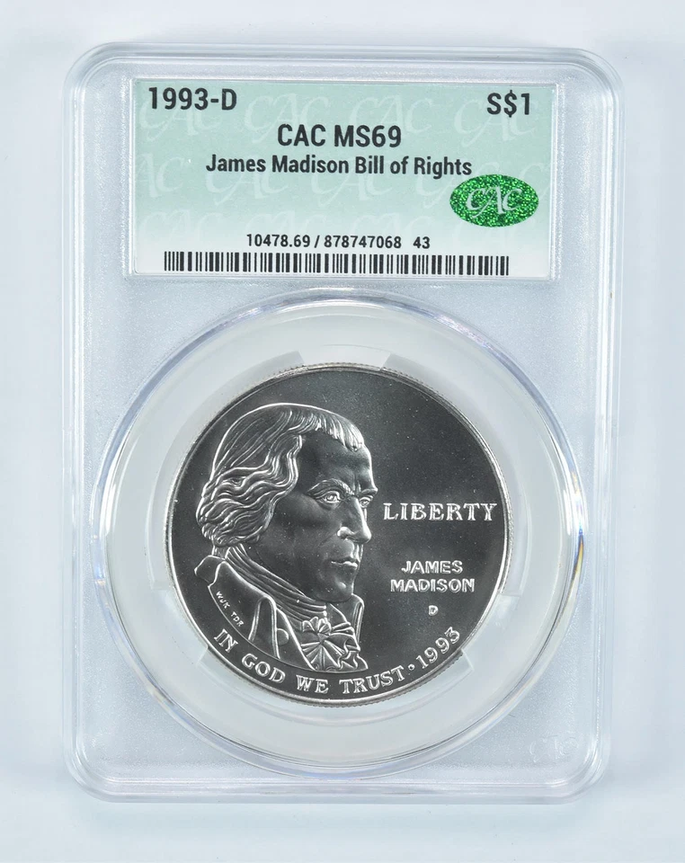 1993-D Madison Bill Of Rights Commemorative Silver Dollar MS69 CAC CACg *2498 - Image 1 of 4