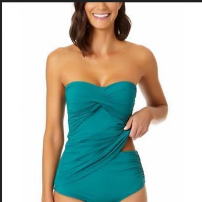 Anne Cole Women's Ocean Green Twist-Front Ruched Bandeau Tankini Top Size Medium - Image 1 of 3