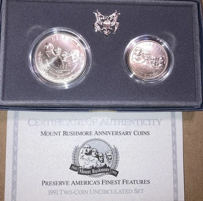 1991 Mount Rushmore Anniversary Coins, Silver Dollar & Half Dollar, New WOB - Image 1 of 3