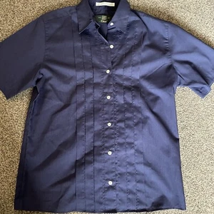 Camicia Orvis plissettata bottoni davanti vintage manica corta blu 40" cotone poliestere - Foto 1 di 6