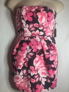 NWT Forever 21 Small Dress Floral Spring Easter Strapless Pink Roses Black A14 - Picture 1 of 11