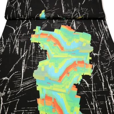 Stoff Slinky Jersey Panel 115cm Abstrakt schwarz grün weiß bunt Tanzsportstoff - Bild 1 von 3