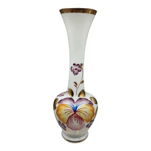Victorian Era Milk Glass Bud Vase Handpainted Pansy Gilt Gold Leaves & Trim - Picture 1 of 7