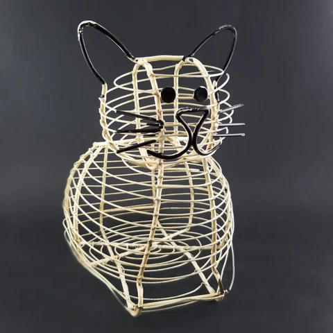 Vintage Primative Cat Shaped Egg Collecting Basket Metal Wire 9.5"T Farmhouse Cover