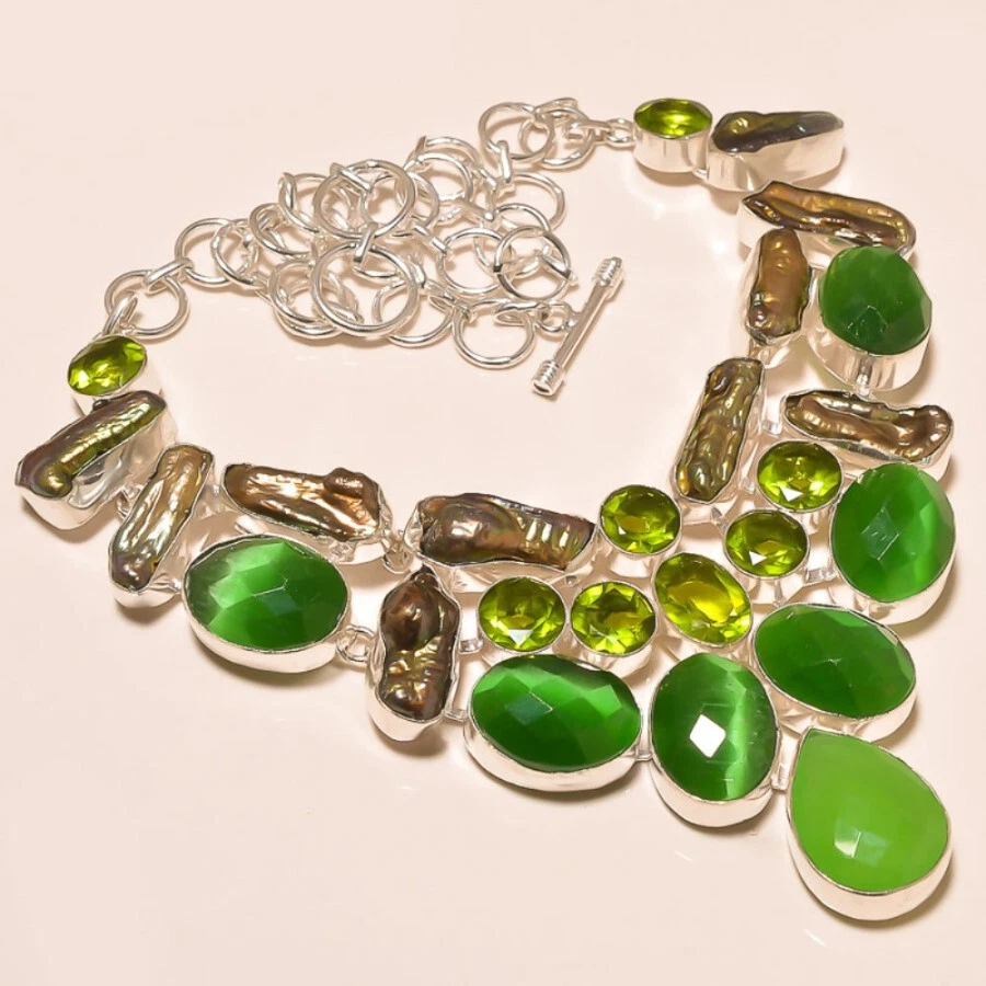 Collar Chapado en Plata Piedras Preciosas Peridoto Perlado Biwa Calcedonia Verde Joyería 18" Foto 1 de 1
