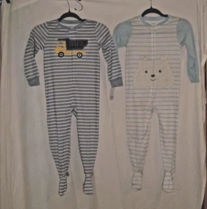 Size 5 Carters 1 pc Pajamas 2 Pr. gray truck & blue Teddy bear striped footed PJ - Picture 1 of 4