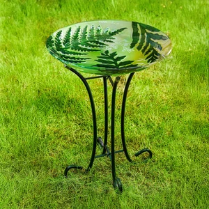 Garden of Wonder Birdbath, Glass Hand Painted Delicate Greenery, 18" - Picture 1 of 4