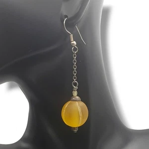 Matte Yellow Acrylic Bead Dangle Drop Chain Hook Earrings - Picture 1 of 7