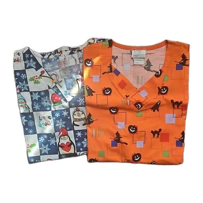 HOLIDAY Scrub Tops Small 1-Halloween & 1 Christmas Medical Uniform Set Of 2  - Image 1 of 4