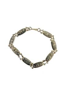 Vintage Shiny Gold Tone Floral Pattern Panels w/ Black Relief Bracelet - Picture 1 of 4