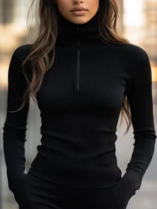 Neu schwarz elegant hochgeschlossen Bluse Reißverschluss Shirt Oberteil Langarm Übergröße XL gerippt - Bild 1 von 9