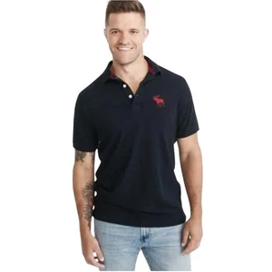 Abercrombie & Fitch Mens Polo Shirt Navy Blue Red Moose Muscle Fit Size Large - Picture 1 of 5