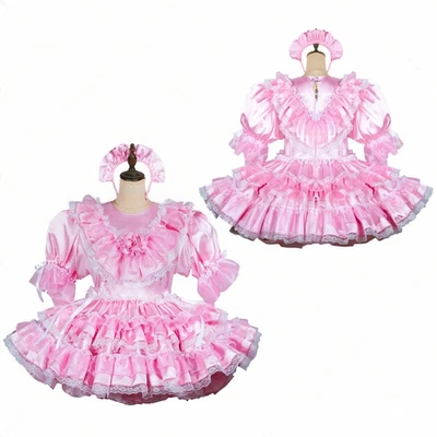 Niña Sexy Criada Sissy Rosa Satinado Bloqueable Vestido Juegos con disfraces Disfraces Hechos a Medida Foto 1 de 4