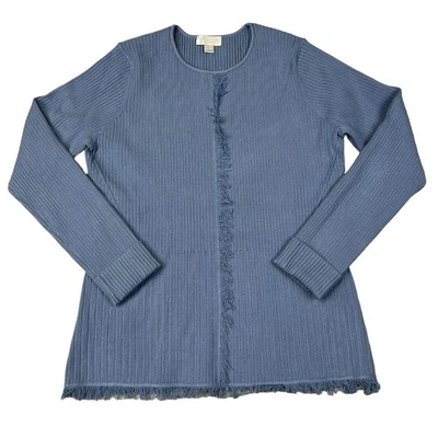 Carlisle New York Azul Acanalado Tejido Flecos Ribete Cárdigan Suéter Mujer L Foto 1 de 4