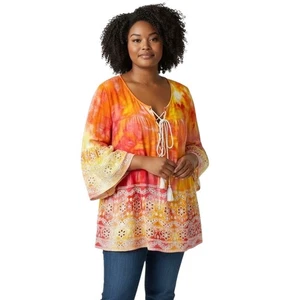 Crown Ivy Plus Size 2X Top Handmade Tie Dye Eyelet Bell Sleeve Tunic Orange 400 - Picture 1 of 16