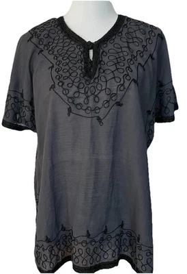 Blusa Caravana Años 70 Remolino Cuentas L Gris Bordado Borde Negro Boho Ciudad Marruecos Foto 1 de 4