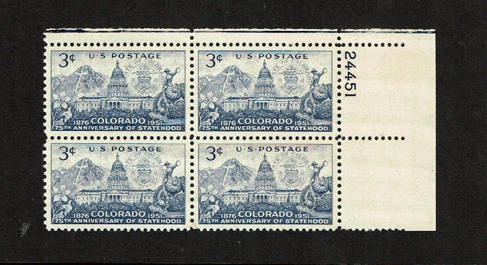 1951 U.S Commem 3c Colorado Statehood Plt#Blk of 4 Sc#1001 M/NH/OG/Pristine - Image 1 of 1