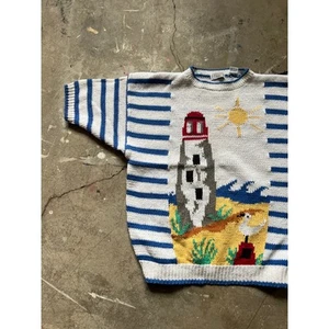 Vintage Lighthouse Short Sleeve Sweater Knit Tops Vintage 80s, 90s, Seagull - Picture 1 of 5