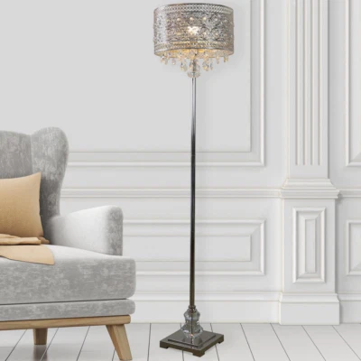 60.5 Inches Modern Clear Crystal Glass And Silver Floor Lamp, Medallion Pattern - Image 1 of 4