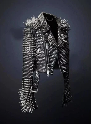 Men's Black Punk Full Silver Long Spiked Studded Unique Classic Leather Jacket - Image 1 of 3