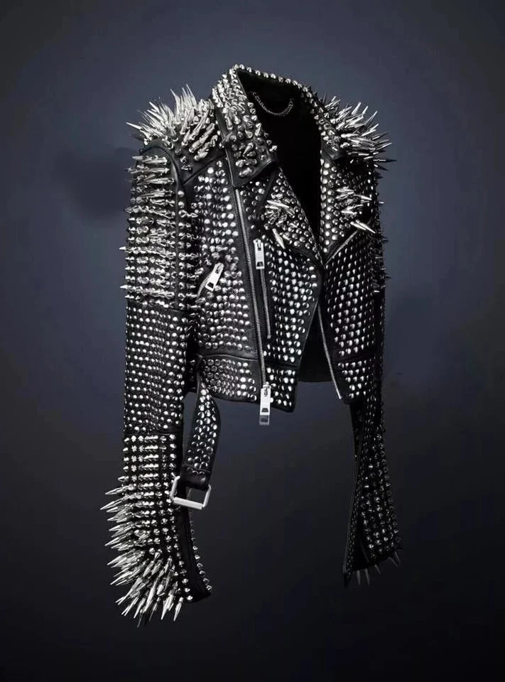 Men's Black Punk Full Silver Long Spiked Studded Unique Classic Leather Jacket - Image 1 of 3
