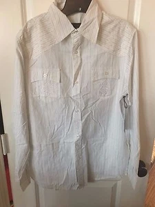 NWT Men's White Blue Black Embroidery Button Down Shirt, Size Large, Long Sleeve - Picture 1 of 4
