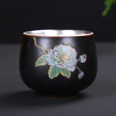 Sterling Silver Tea Cup Porcelain Glaze Outside Floral Painted Under Glaze Cups - Image 1 of 4