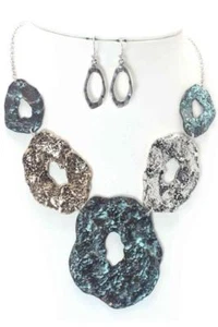 Geometric Mixed Metal Textured 2 Tone And Patina Necklace And Earring Set - Picture 1 of 2