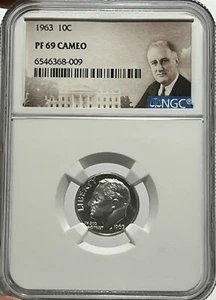 1963 NGC PF69 Cameo 90% Silver Roosevelt Dime 10c Portrait Lb - Picture 1 of 3