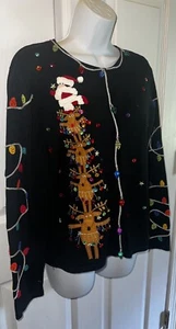 Vintage Christina Rotelli Santa Reindeer Christmas Lights Cardigan M - Picture 1 of 9