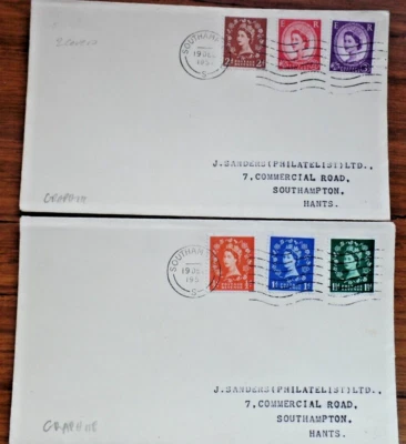 G.B. 19/12/57 SG561/66 Graphite lined issue 6v on 2 covers - Image 1 of 2