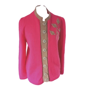 Hand Knitted Cardigan Pink w Beige Edging Boxy Cottagecore Granny size 14 16 UK - Picture 1 of 9