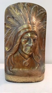 Vintage Bronze Clad Over Cast Iron Indian Chief Head & Headdress Bookends DETAIL - Picture 1 of 11