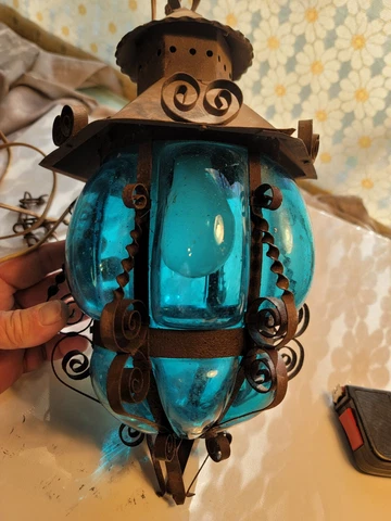RARE Antique/vintage wrought Iron Hand Blown BLUE Glass Chandelier Lamp 14"x 8" Cover