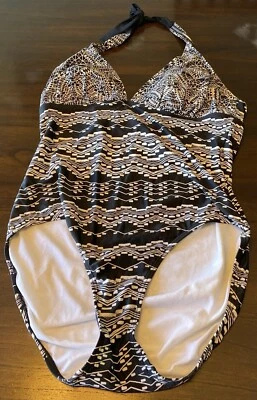 Traje de baño MERONA de una pieza talla grande negro blanco diseños geométricos corbata alrededor del cuello Foto 1 de 4