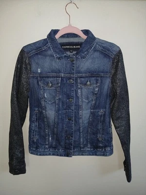 Chaqueta vaquera pequeña Express para mujer mediana azul metálico gris manga botón delantero Foto 1 de 4