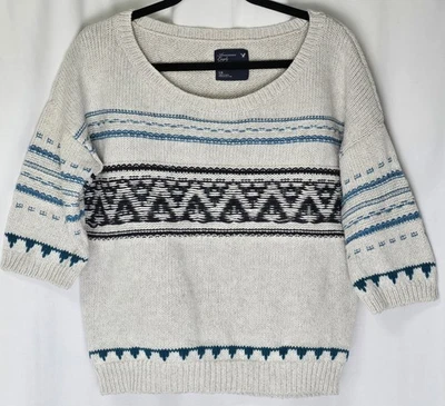 AMERICAN EAGLE Pullover Sweater Women L Beige 1/2 Sleeve Southwest Tribal Y2K - Image 1 of 4