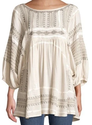 Blusa túnica Free People marfil bordada manga 3/4 recortada correa trasera XS Foto 1 de 4