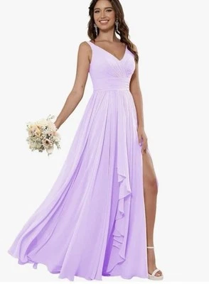 Vestidos de dama de honor de gasa con volantes y cuello en V para mujer talla 14 púrpura Foto 1 de 4