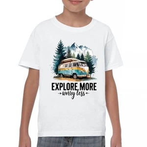 Explore More Worry Less Youth T-shirt Camping Trail Hiking Tent Life Kids - Picture 1 of 50