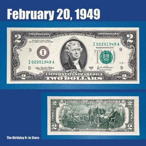 February 20, 1949 Birthday Anniversary $2 Two Dollar Bill Serial Number 02201949 - Picture 1 of 2