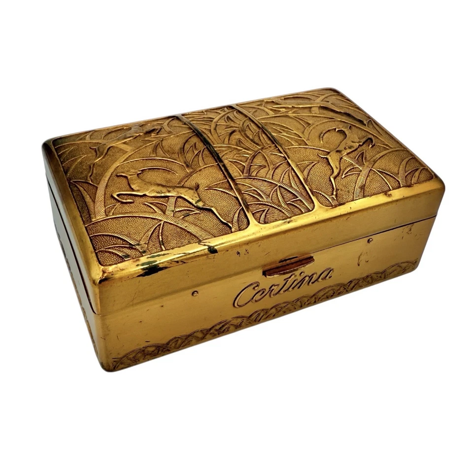 Caja Reloj Vintage Certina Art Deco Metal Dorado Latón Bisagras Gacelas Azules Foto 1 de 4