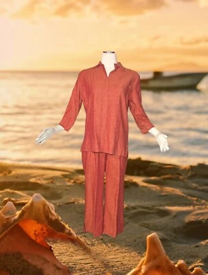 KORET Rust Orange ARTSY 2 Piece Floral Button Up Shirt Pants Embroidered PETITE - Image 1 of 4