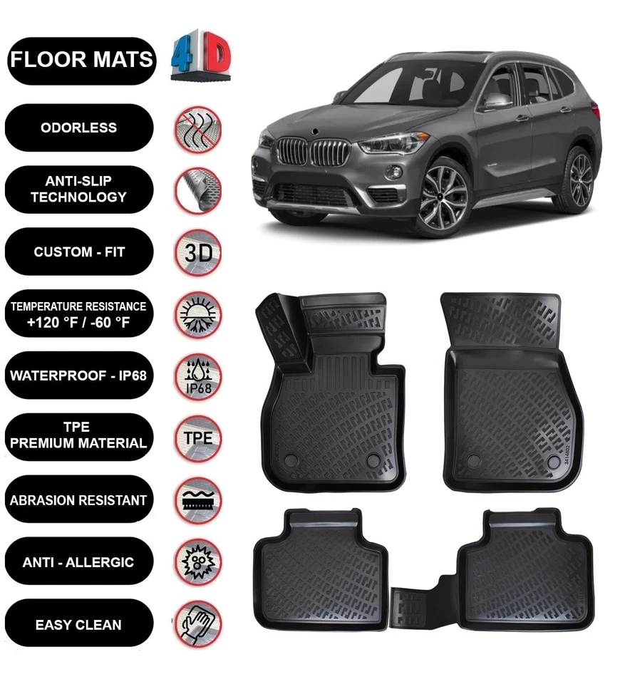 Alfombrillas forro para BMW X1 (2016-2021) impermeables moldeadas en 3D negras 4 un. Foto 1 de 4