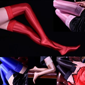 Damen Öl glänzend glänzend Spitze hohe Strümpfe Silikon Stay Up Overknee Strumpfwaren/ - Bild 1 von 19