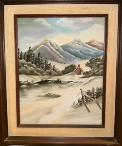 Vintage Hütte Holzrahmen Ölfarbe Berg Schneebaum Flusslandschaft - Bild 1 von 3