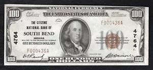 1929 $100 CITIZENS NATIONAL BANK OF SOUTH BEND, IN NATIONAL CURRENCY CH. #4764 - Picture 1 of 2
