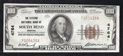 1929 $100 CITIZENS NATIONAL BANK OF SOUTH BEND, IN NATIONAL CURRENCY CH. #4764 - Image 1 of 2