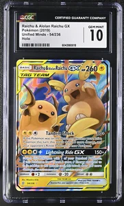 CGC 10 GEM MINT Pokemon Unified Minds Raichu & Alolan Raichu Tag Team GX 54/236 - Bild 1 von 2